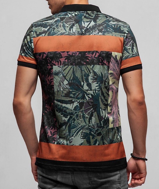 20 - Мъжка черна тениска с яка на ленти светла керемида и зелени листа