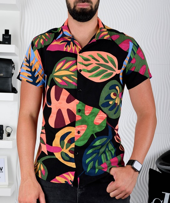 Черна мъжка абстрактна риза с къс ръкав на цветя