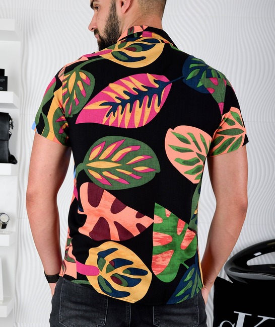 Черна мъжка абстрактна риза с къс ръкав на цветя