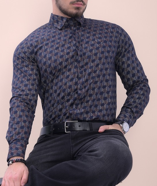 Стилна риза мъжка на цветни кръгове в тъмно синьо