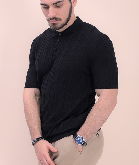 Плетена мъжка тениска с яка от памук в черно