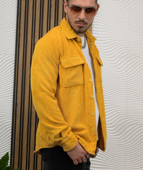 Мъжка стилна джинсова риза в цвят горчица