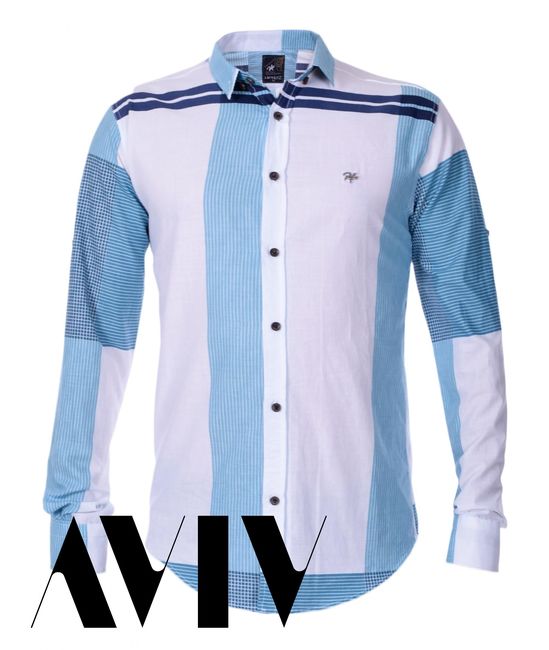Мъжка бяла риза с сини ленти