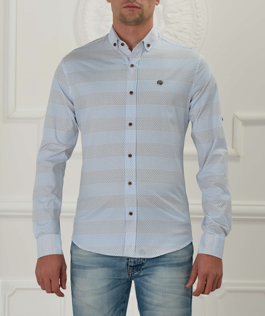Мъжка бяла риза на сини и черни правоъгълници