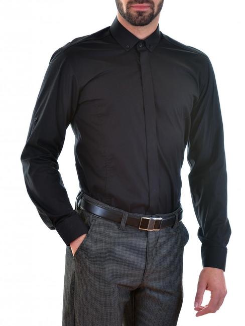 Мъжка черна риза с парче прикриващо копчетата за закопчаване