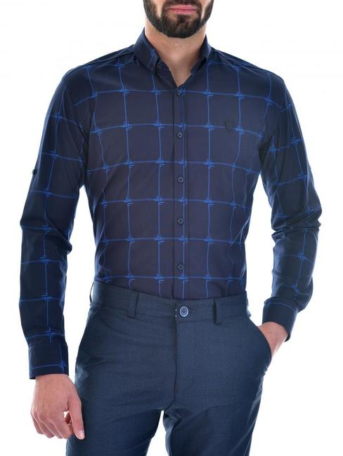 Мъжка тъмно синя риза на светло сини квадрати