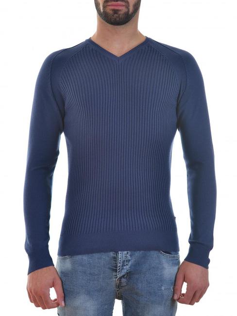 Мъжки син пуловер с вертикални елементи