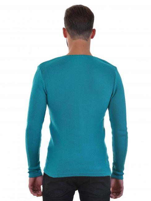 Мъжки изчистен пуловер с остро деколте цвят тюркоаз