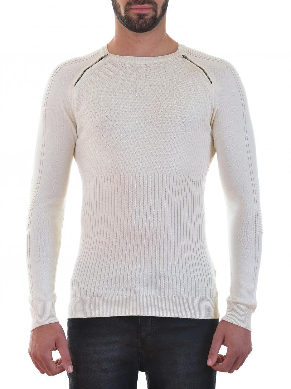 Мъжки бял пуловер Slim Fit с ципове Мъжки бял пуловер Slim Fit с ципове