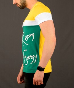 Мъжка жълто зелена тениска с бяла лента и надпис