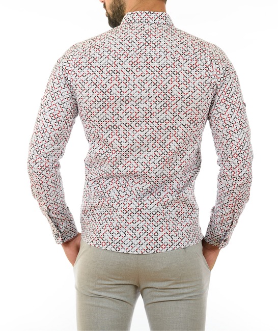 Мъжка бяла риза на сиво червени кръгове