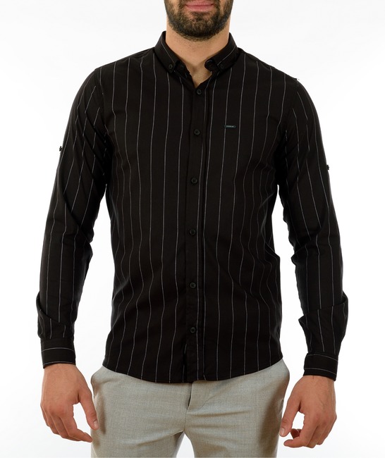 Мъжка черна риза на тънки райета