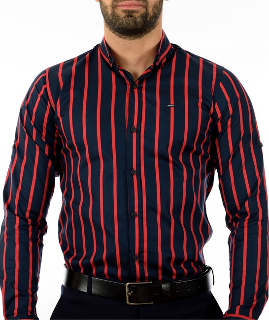 Мъжка синя риза на червени райета