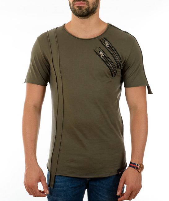 Мъжка зелена тениска с два ципа от лява страна