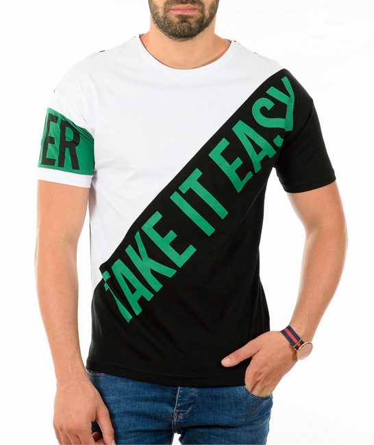 Мъжка черна тениска с бяло и зелен надпис TAKE IT EASY