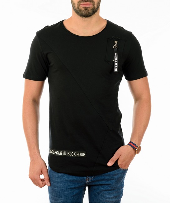 Мъжка черна тениска с джоб с цип