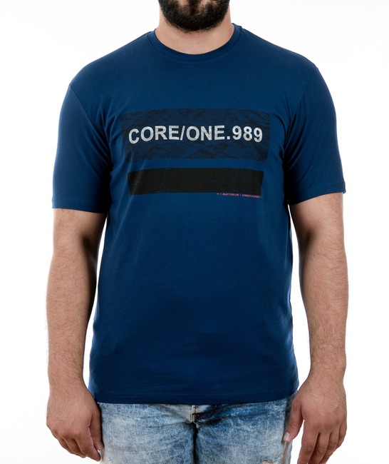 38 - Мъжка синя тениска с черна лента и бял надпис