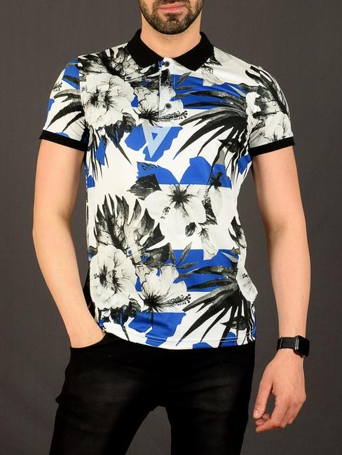 03 - Мъжка бяла тениска с яка на сини цветя и палмови листа