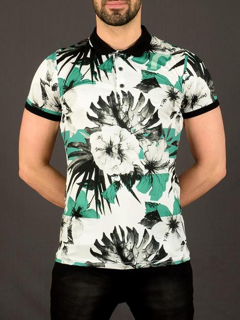 04 - Мъжка бяла тениска с яка на зелени цветя и палмови листа