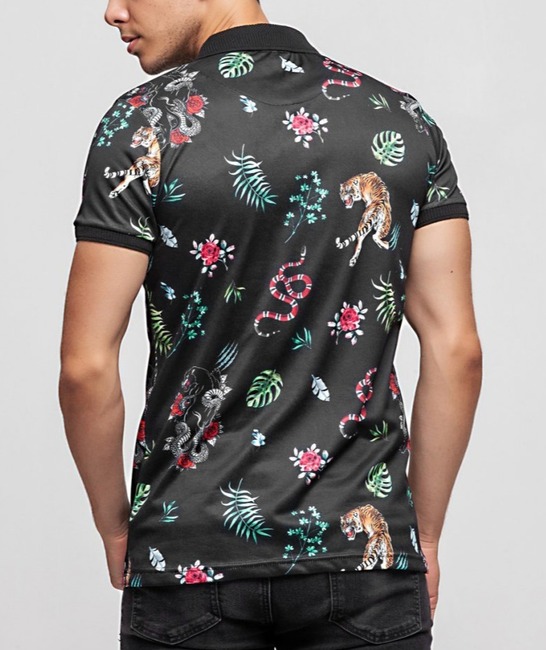 05 - Мъжка черна тениска с яка на тигър и змия с тропически отнаменти