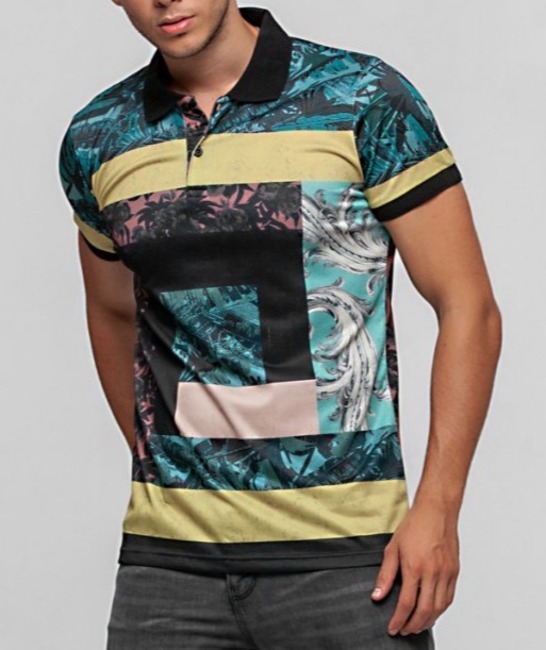 07 - Мъжка черна тениска с яка на цветни тропически орнаменти
