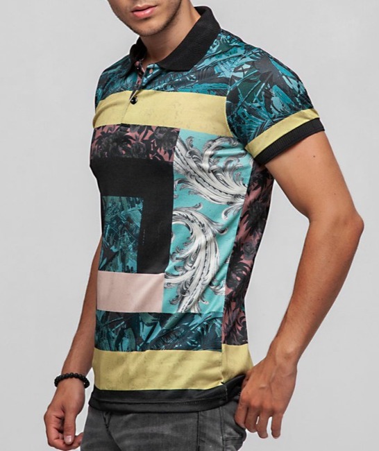 07 - Мъжка черна тениска с яка на цветни тропически орнаменти