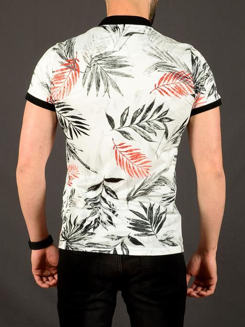 09 - Мъжка бяла тениска с яка на черни и червени тропически лист