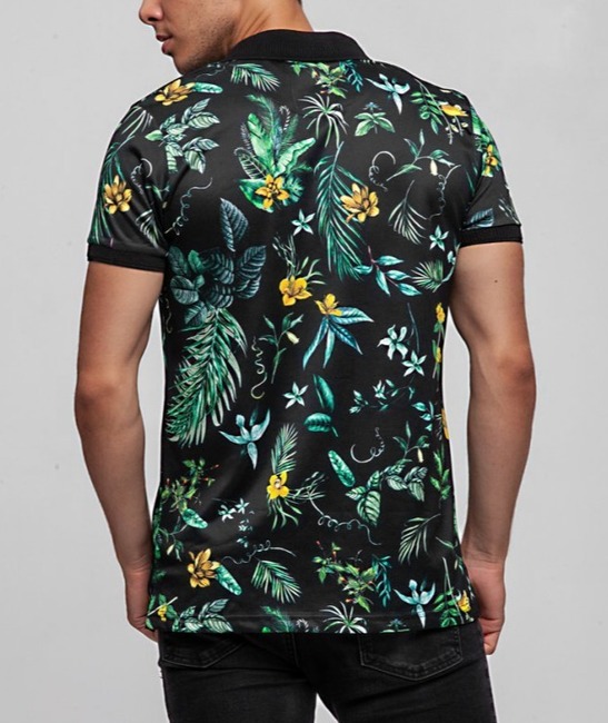 10 - Мъжка черна тениска с яка на малки жълти цветя и зелени листа