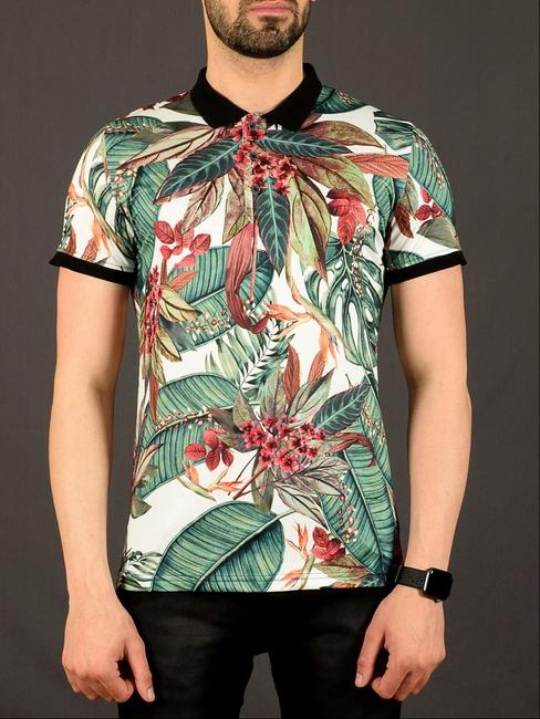 11 - Мъжка бяла тениска с яка на червени цветя и палмови листа