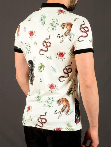12 - Мъжка бяла тениска с яка на тропически отнаменти