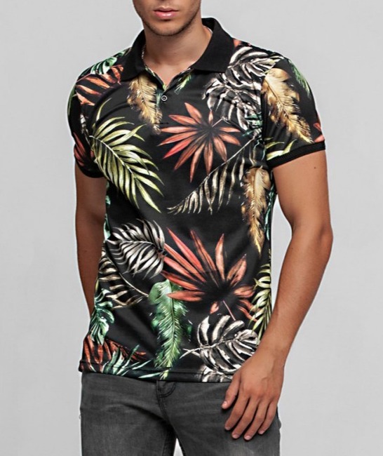 13 - Мъжка черна тениска с яка на цветни листа от палма