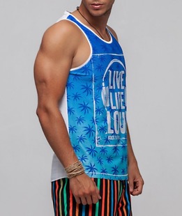 05 - Мъжки морско син потник на палмички и бял надпис със слушалки
