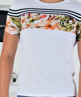 Мъжка бяла тениска на черни ленти с флорални мотиви