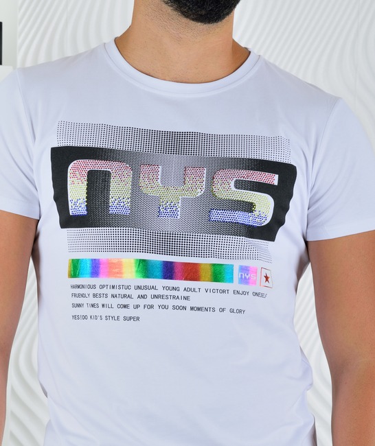 Мъжка бяла тениска NYS с камъни и лента цветове