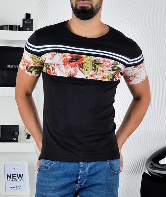 Мъжка черна тениска на черни ленти с флорални мотив