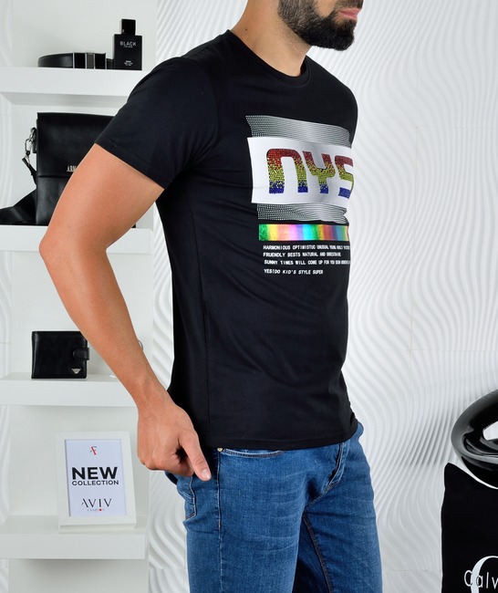 Мъжка черна тениска NYS с камъни и лента цветове