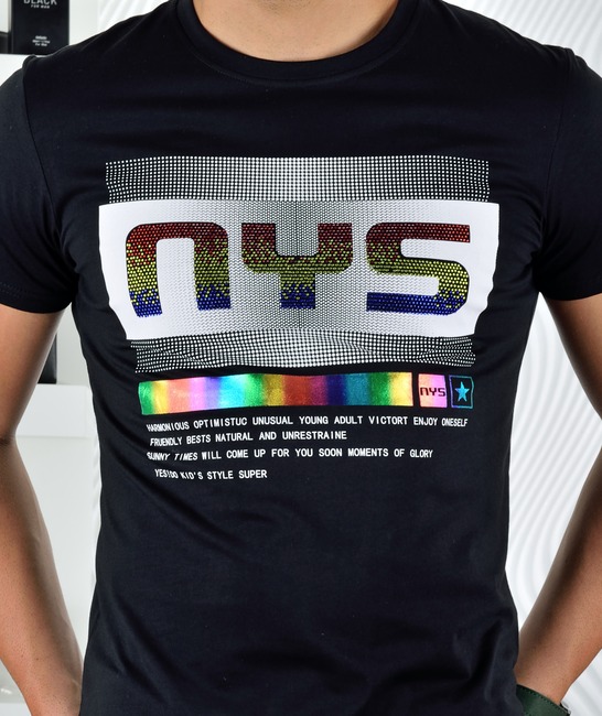 Мъжка черна тениска NYS с камъни и лента цветове