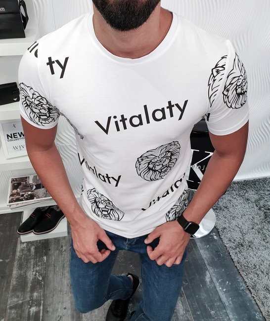 Бяла мъжка тениска Vitalaty с глава на лъв