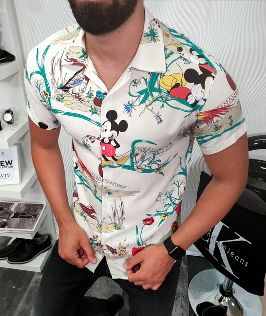 Екстравагантна мъжка риза с къс ръкав цвят екрю