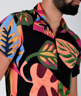Черна мъжка абстрактна риза с къс ръкав на цветя