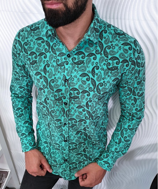 Изумрудено зелена мъжка риза с paisley елементи