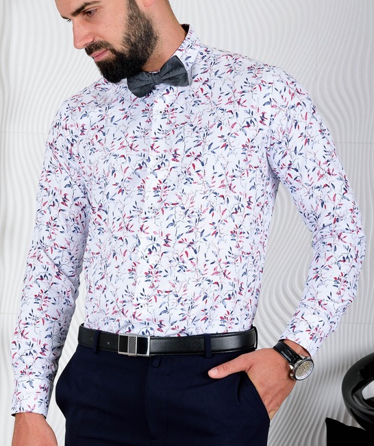 Бяла мъжка риза с елементи бордо клончета