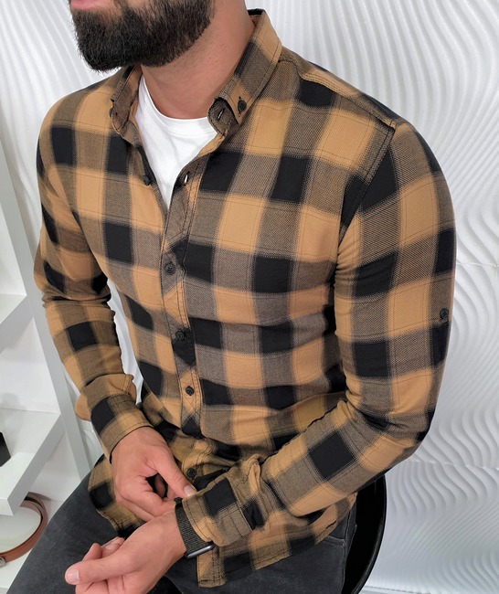 Мъжка кафява карирана риза на едри квадрати