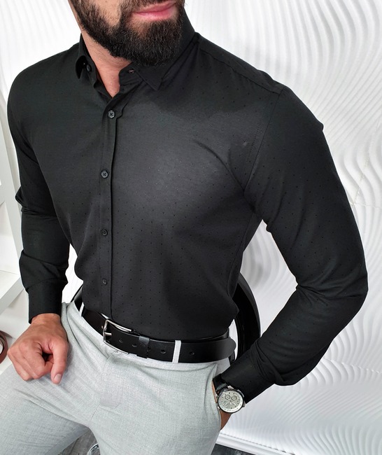 Черна мъжка официална риза на дискретни черни точки