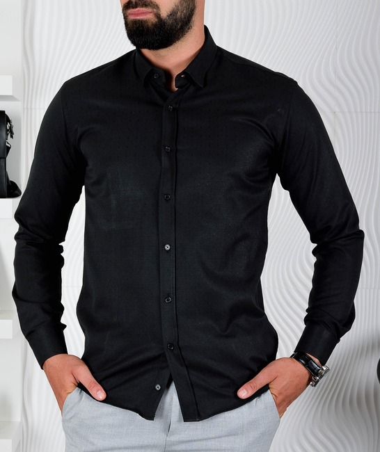 Черна мъжка официална риза на дискретни черни точки