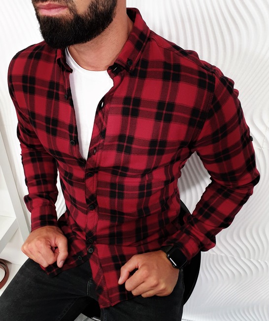 Мъжка карирана риза цвят бордо на малки квадрати