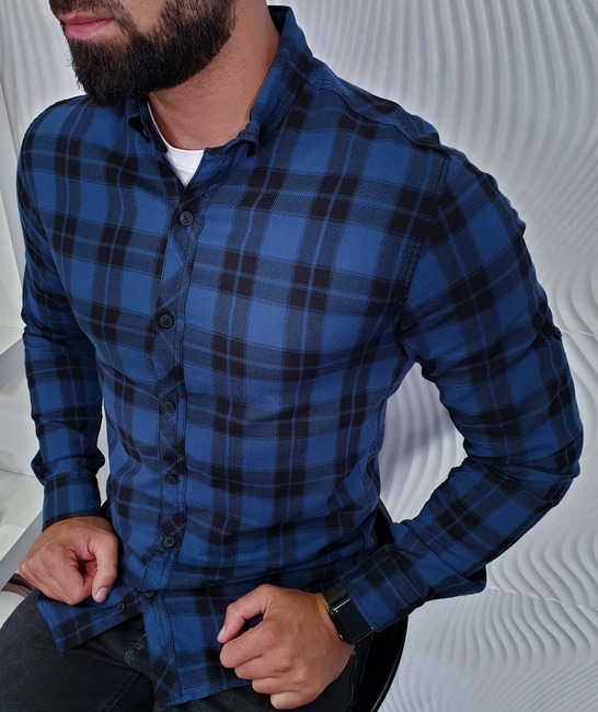 Мъжка тъмно синя карирана риза на малки квадрати