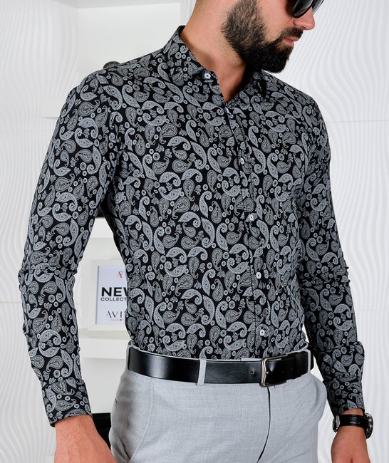 Мъжка черна бяла риза с paisley елементи