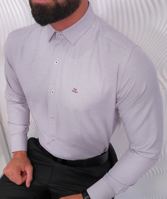 Мъжка бяла риза на точки цвят бордо