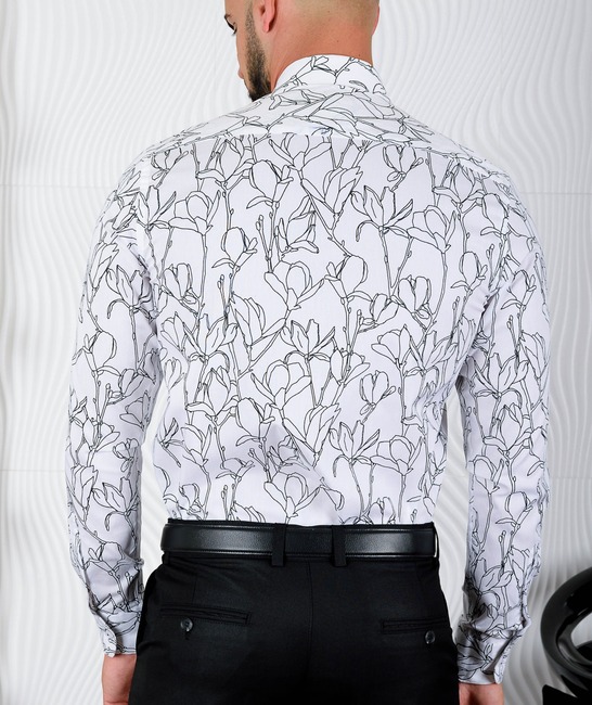 Мъжка бяла риза с контурни черни лалета
